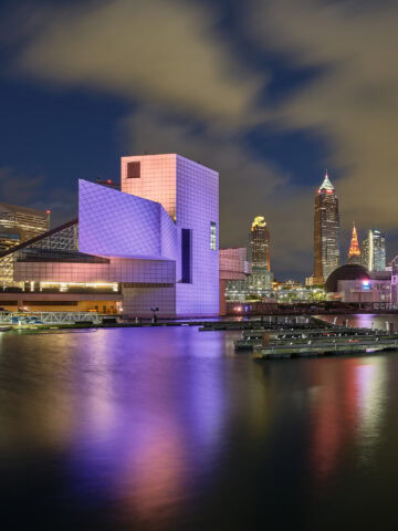 Cleveland Skyline at blue hour - square - from North Coast Harbor. 30 sec, f/13, ISO 80 (using ND filter).