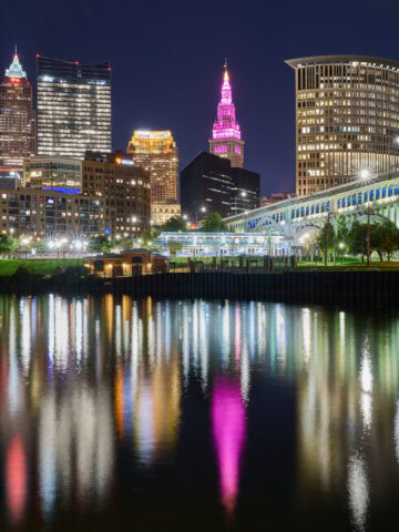 Cleveland Skyline at night from Heritage Park with reflections in the Cuyahoga River