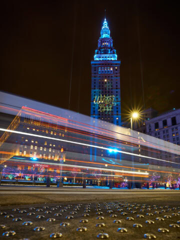 Terminal Tower with bus light trails