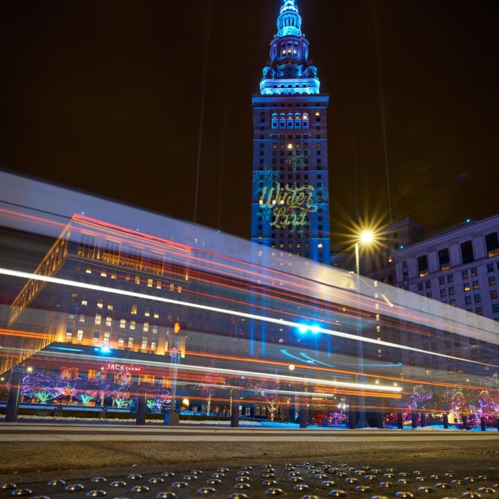 Terminal Tower with bus light trails