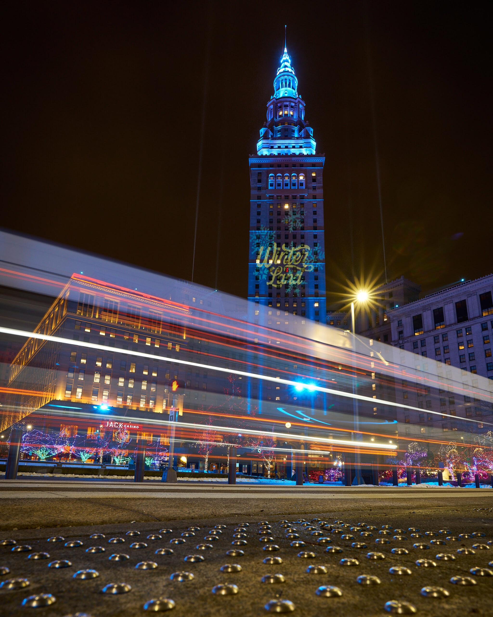 Terminal Tower with bus light trails
