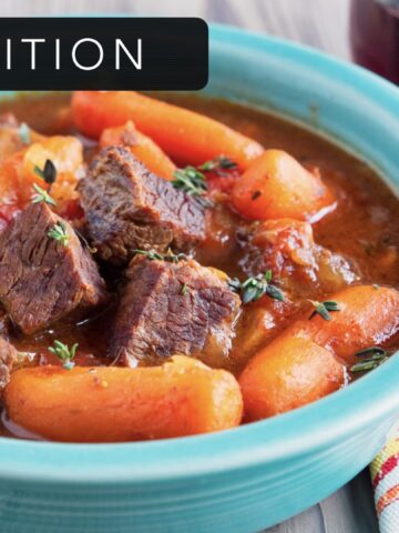 Composition header image with bowl of beef stew