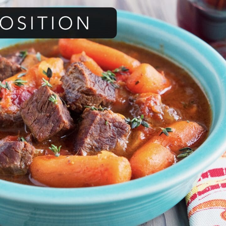 Composition header image with bowl of beef stew