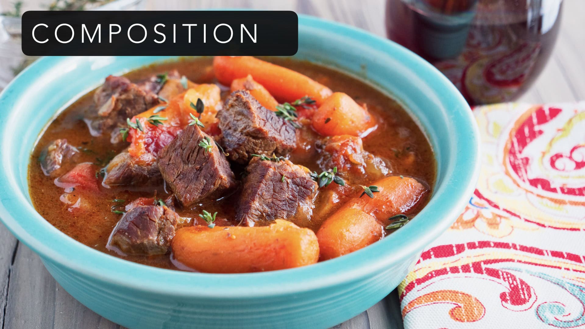 Composition header image with bowl of beef stew