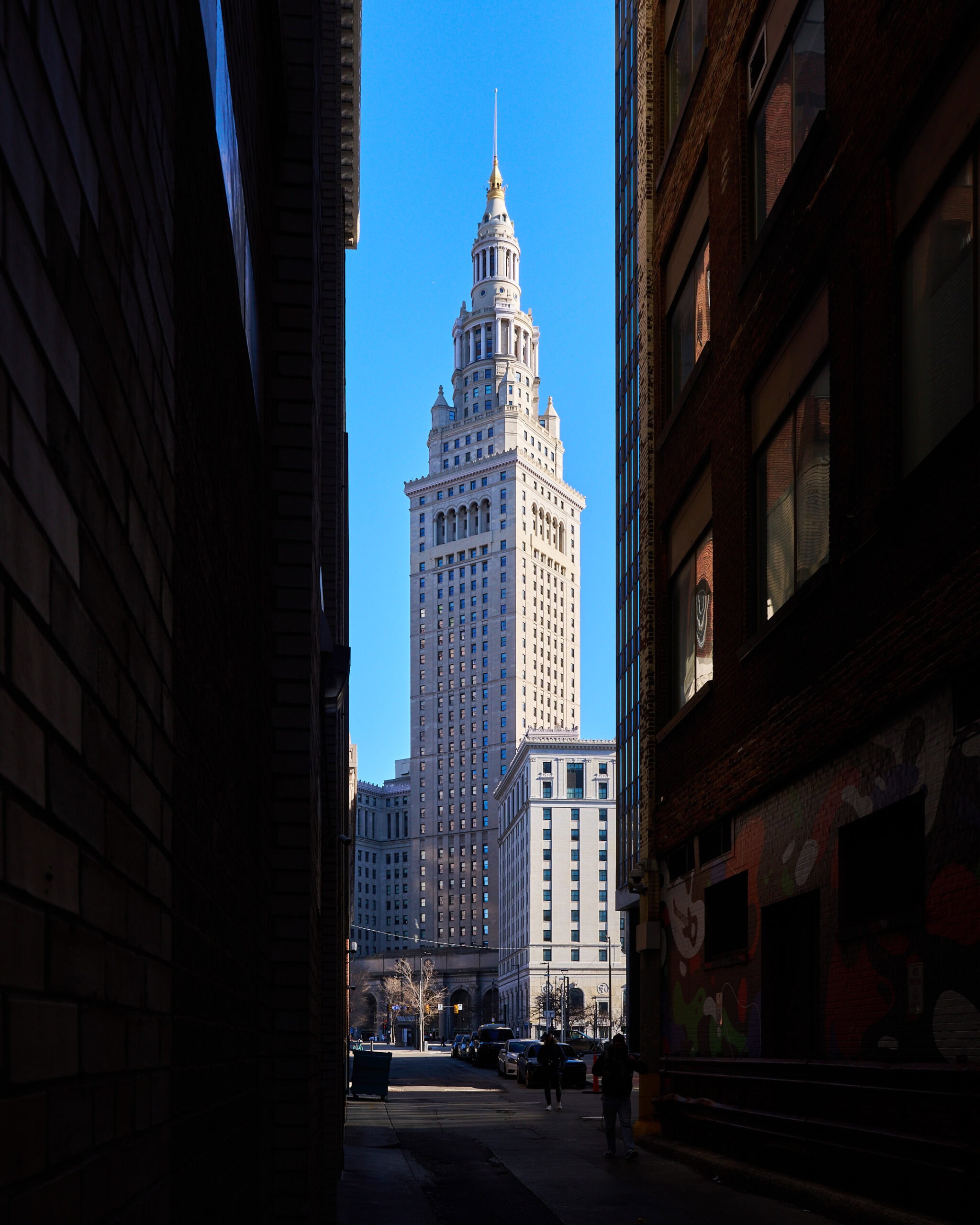 Terminal Tower framed by alley